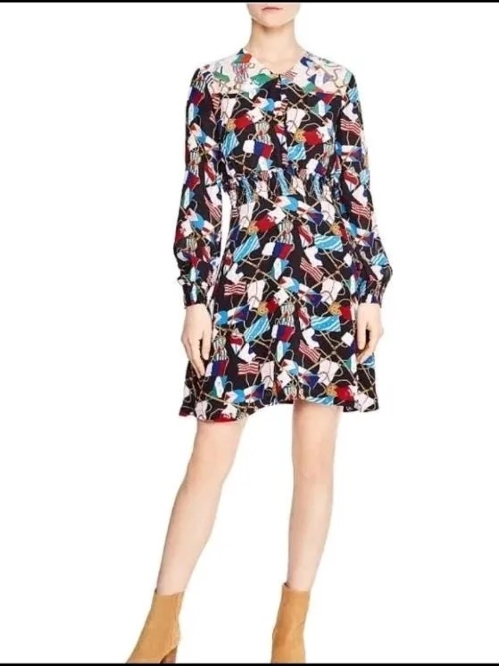 Sandro Signal Flag Nautical Navy Print Long Sleeve Dress size 38